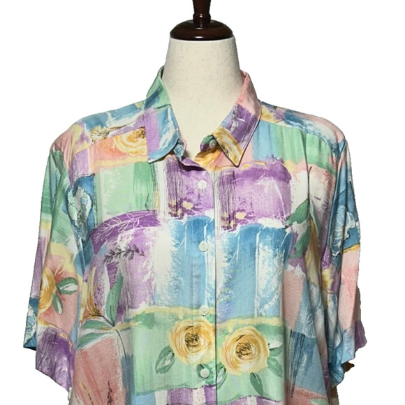 Alfred Dunner Top Women 24W Blue Purple Floral Button Up Short Sleeve Beachy NWT - Picture 4 of 9